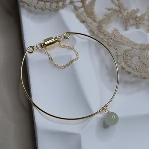 One Drop Hetian Jade Bangle, Minimal Gold Bangle with Natural Nephrite