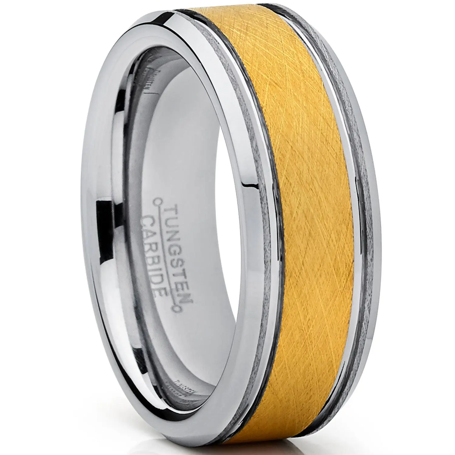 Tungsten Carbide Men's Goldtone Brushed Textured Center Ring Band, 8 mm Comfort Fit Sizes 7 to 15