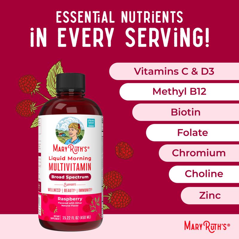 MaryRuth's Liquid Morning Multivitamin - B Complex Vitamins - Vitamins A, C, D, E -  Zinc - Beauty - Vegan - Sugar Free - 15.22 Fl Oz