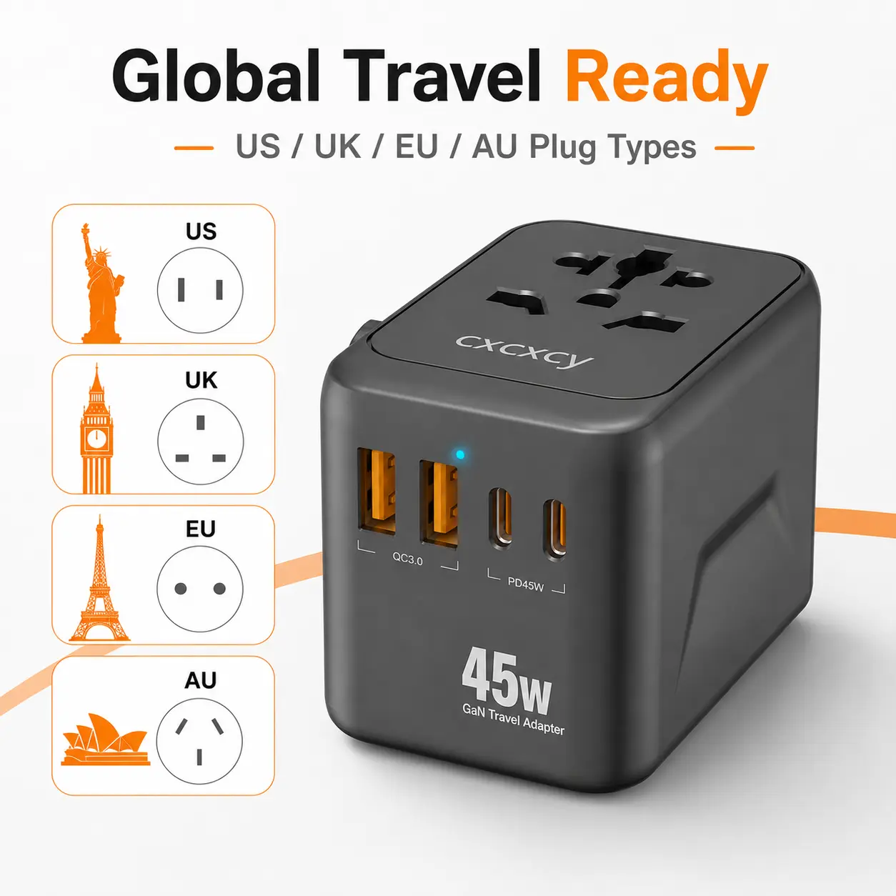 45W GaN Universal Travel Adapter - 100-240V Multi-Port Unisex Travel Gear, 5 Ports Fast Charger iPhone Compatible Outdoor Power Charger with 2 USB-C PD3.0, 2 USB-A QC3.0, AC Wall Socket for US EU UK AU Hiking