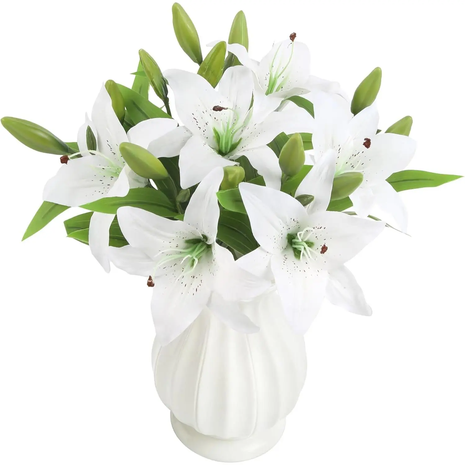 Easter Lily Artificial Flowers Real Touch 6 Pcs Artificial Tiger Lily Faux Flowers Fake Spring Flowers for Easter Wedding Bouquet Home Party Indoor Outdoor Garden Decor (White)