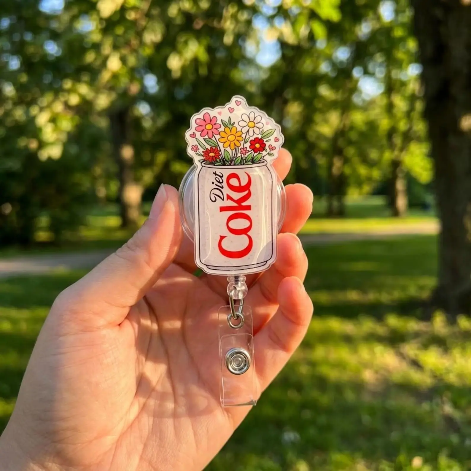 Diet Coke with Flowers Badge Reel, Floral Soda Can Shaker Badge Reel, Acrylic Medical ID Holder, Cute Nurse Badge Clip, Retractable Gift
