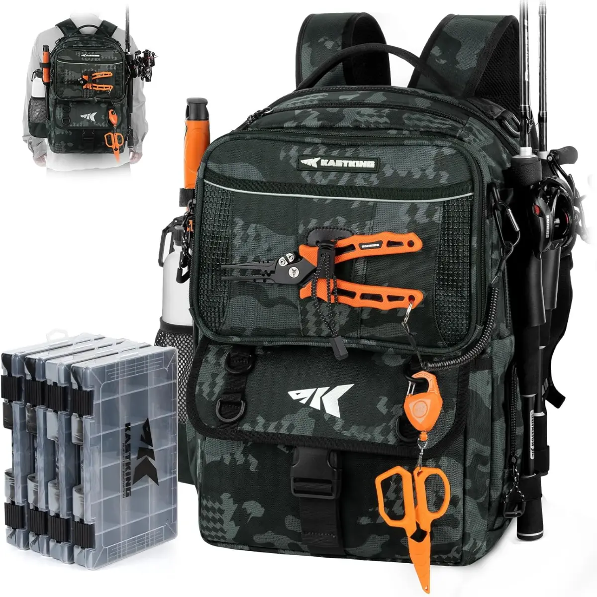 KastKing BaitSpace Fishing Tackle Backpack with Removable Bait Binder,2 Rod Holders Storage Fishing Gear and Equipment