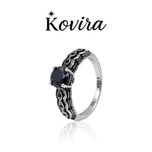 Kovira S925 Sterling Silver Vintage 5A Black Zircon Filigree Ring for Women Everyday Wear Statement Gift