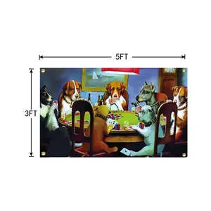 2D Flat Banner Dogs Playing Poker Fun Flag 3x5 Feet, Meme Flag Vibrant Colors Polyester, University Dorm Room Decoration Pull Flag Banner
