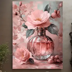 2D Flat, 1 Piece Vintage Floral Perfume Bottle Canvas Painting - Soft Peach Pink Roses, Flower - Women's Home Decoration, Suitable for Living Room, Bedroom - With Hook for Easy Hanging - Women's Housewarming Gift - Large (30x40cm) - Canvas Prints