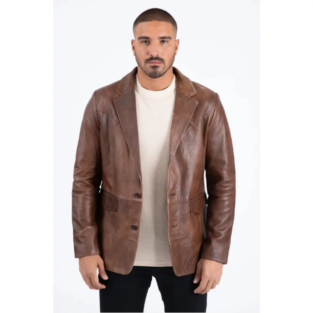Platini Men's Genuine Leather Blazer- Brown