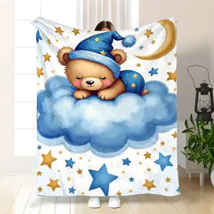 1Pc Plush Flannel Bear Sleeping Pattern Blanket - 280GSM Heavy-Duty Soft Bedspread With Teddy Bear & Clouds Design, 3 Sizes( 30X40In, 50X60In, 60X80In) For S, All-Season Cozy Bed Cover For Bed, Sofa, Tr Blanket, Bed Blanket, Valentine'S Day, New Year