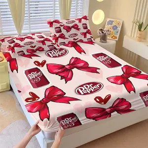 Girly "Dr Pepper" Beverage Themed Fitted Sheet Set (2 Pillowcases), Bed Sheets Set, Soft & Cozy, Great Choice for Home Decor Gifts, Turns Bedroom into Trendy Space