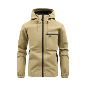 Men's Autumn Hooded Workwear Jacket - Solid Color Multi-Pocket Outdoor Jacket with Zipper Hidden Pocket