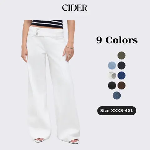 Cider Baggy Wide Leg Jeans for Women Low Rise Denim Trousers, Retro Y2K Casual Everyday, Triple Button Waistband, Solid Long Summer Pants, Petite & Plus Size Friendly