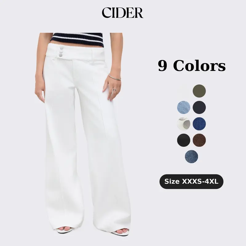 Cider Baggy Wide Leg Jeans for Women Low Rise Denim Trousers, Retro Y2K Casual Everyday, Triple Button Waistband, Solid Long Summer Pants, Petite & Plus Size Friendly