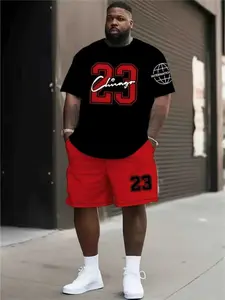 Men's Plus Size Short Sleeve Shorts Set, Fashion Casual Two-Piece Sports Outfit, Digital Print Round Neck T-Shirt & Drawstring Shorts, Menswear Clothes