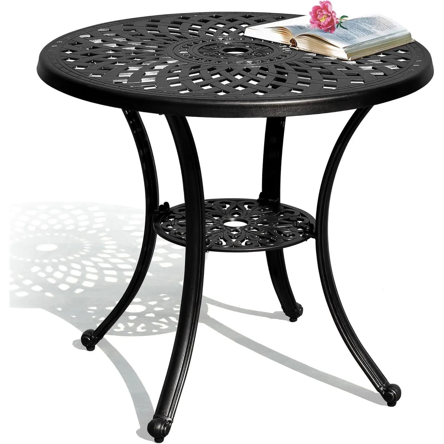 Garvee 30 Inches Round Patio Dining Table with Umbrella Hole, Antique Cast Aluminum Outdoor Bistro Table Outdoor Side Table for Backyard, Garden, Patio, Porch