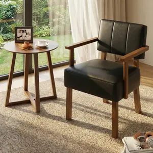 Garvee Mid-Century PU Leather Accent Chair with Wood Frame, Classic Vertical Stripe Upholstered Lounge Armchair, Comfy Reading Chair for Living Room, Bedroom, Balcony