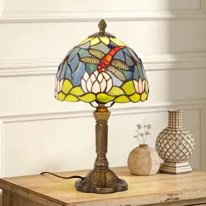 14.2 Inch Tiffany Style Dragonfly & Lotus Stained Glass Table Lamp, 7.9" Shade, Bronze Base, Warm Light for Bedroom Living Room