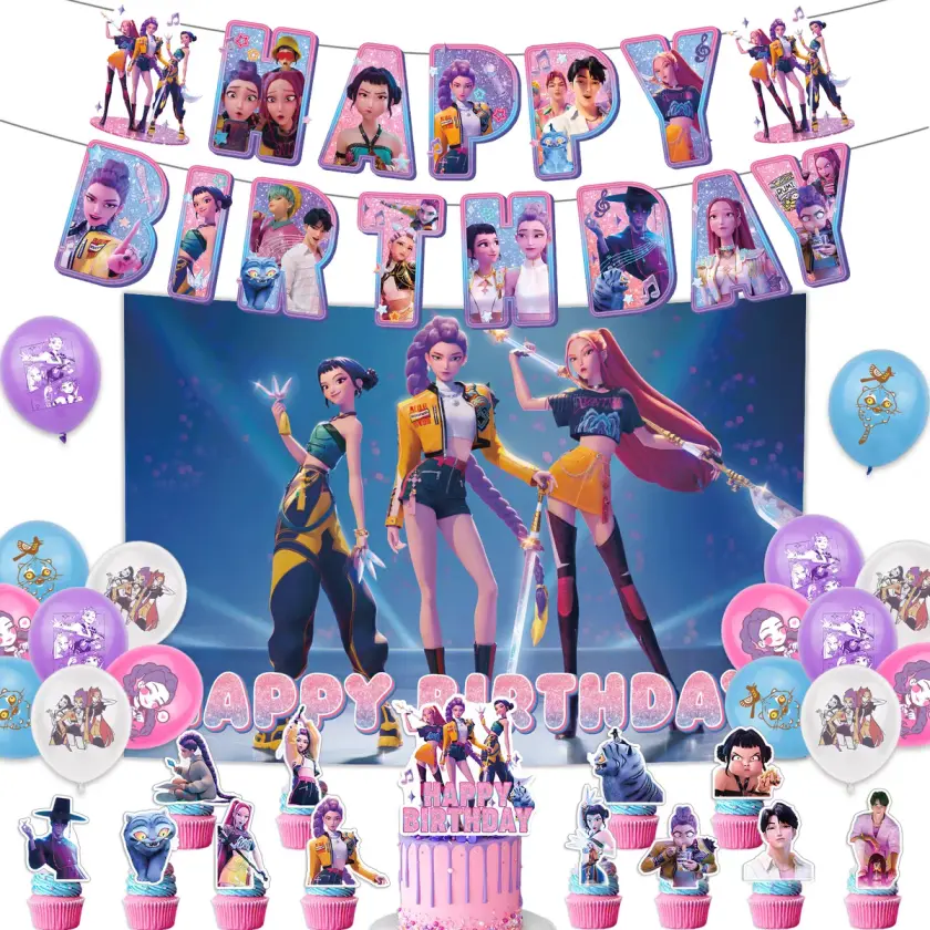 KPop Birthday Party Decor Cake Tag, Girl's Gift, Balloons, Blue Backdrop, Cake Decoration Blue