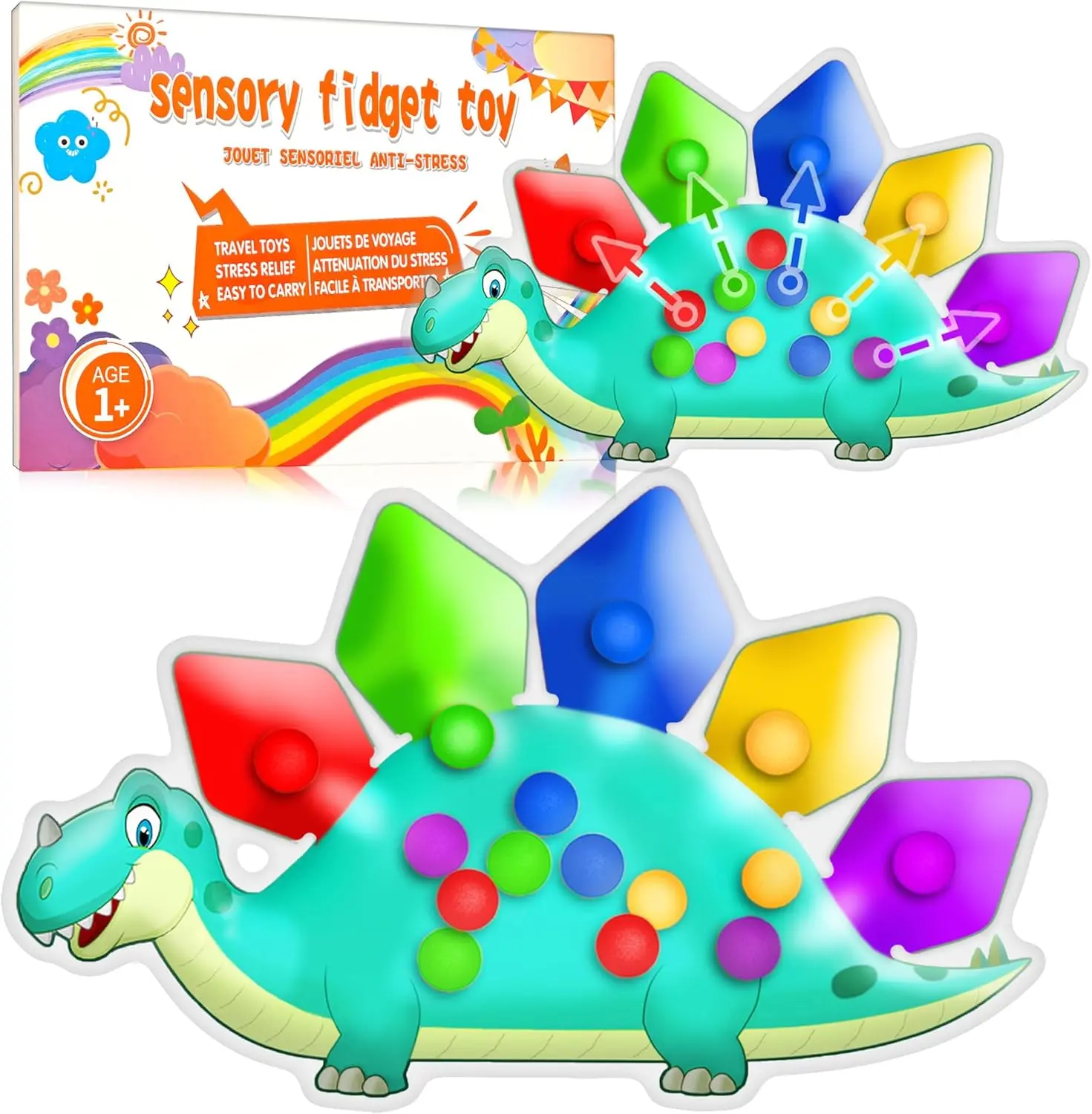 Dinosaur Color Sorting Sensory Toy - Squishy Squeeze Stacking Toy for Toddlers 1-3, Travel Essential for Airplane/Roadtrip, Fine Motor Montessori Preschool Activity, Autism Calm Fidget Gift for Boys