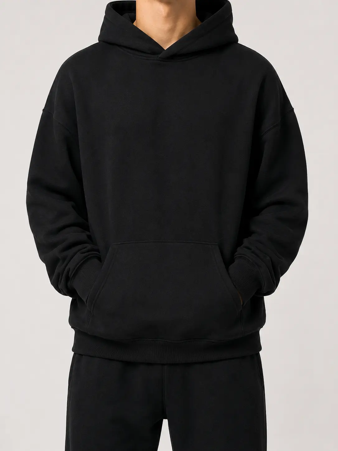 Oversized All Black Hoodie, Men's Casual Fleece Pullover Sweatshirt with Kangaroo Pocket, Solid Color Basic Streetwear Hoodie for Men