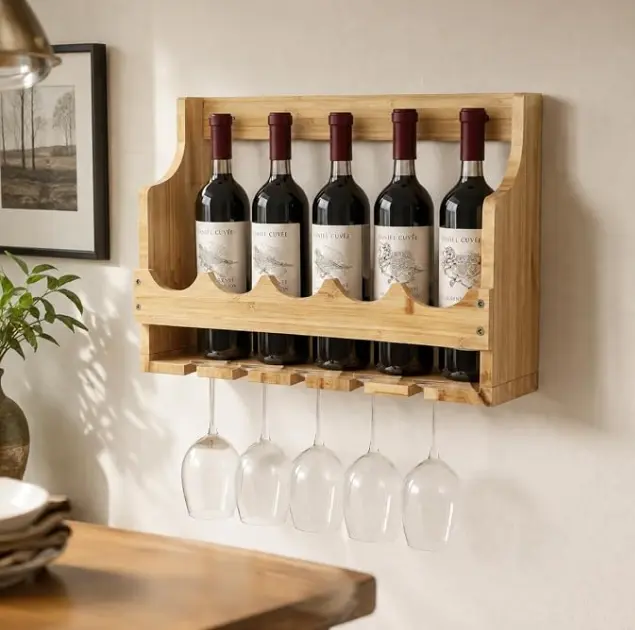 Rustic Wall-Mounted Bamboo Wine Rack with Glass Holder - 5-Bottle, Space-Saving Kitchen Storage Cabinet Organizer for Kitchen & Bar, 4 Colors, 5.2"D x 17"W x 12.3"H