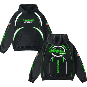 Retro Kawasaki Ninja H2 Racing Washed Hoodie MotorGP World Champion Enthusiast Apparel Streetwear Racing Team Motorcycle Clothing Motorbike Riders Supermotor Off-Road Dirt Bike Fan Gear Cotton For Motor Fan