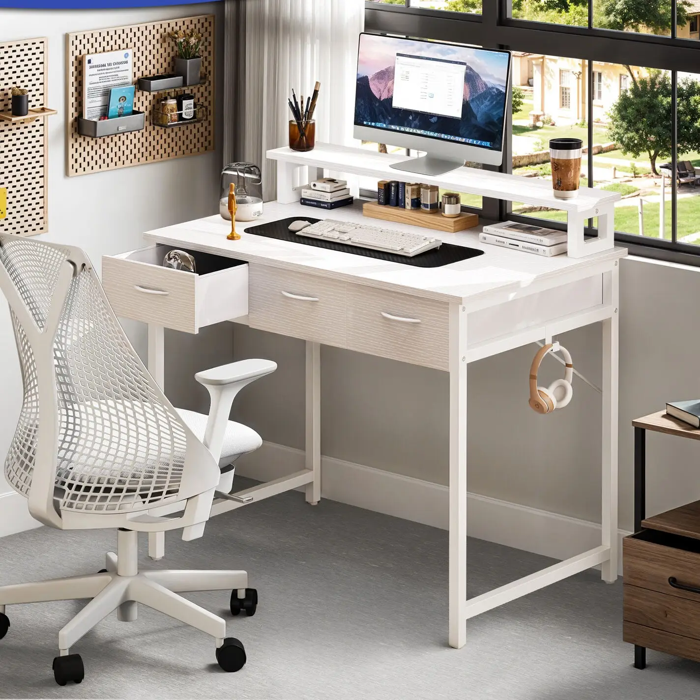 DWVO Small Computer Desk with Drawers, Office Desk with Monitor Stand for Small Spaces, Home Office Desks, Writing Desk Study Desk with Hooks