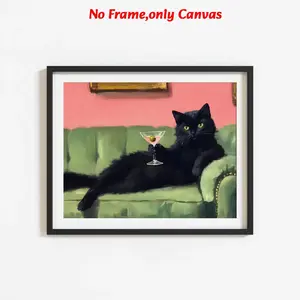 1pc, Wall Art, Vintage Poster, Unframed Art Print, Black Cat on Sofa Painting, Green Pink Cocktail Print, Living Room Decor Aesthetic, Room Decor, Artistic, Wall Art Decoration