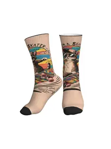 1 Pair Crew Socks Retro Skater Cat Print, Fun & Quirky, Unisex for Streetwear Skateboarding & Daily Outfits