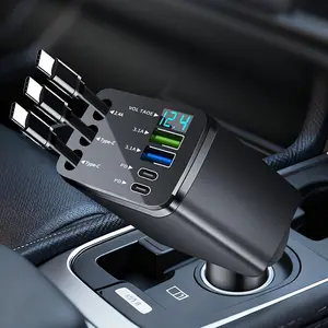 Universal Fast Retractable Car Charger with Dual USB Type-C Cables, LED Voltage Display, PD Fast Charging, Multi-Port 13.8V Output, Compact Plug & Play Design, Compatible with iPhone, Samsung, Xiaomi, Tablets, Laptops, Perfect for Travel & Daily Driving