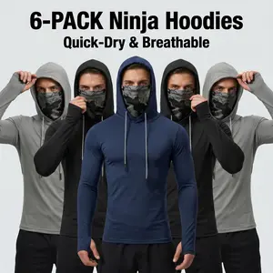 6-piece set men's outdoor work sun protection clothing with sun-blocking hoodie, featuring built-in face mask and neck guard, breathable long-sleeve hoodie