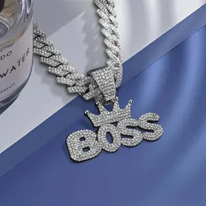 Hip Hop Unisex Bling Letter BOSS Pendant Necklace Cuban Link Chain Necklaces  Cuban Thick Chain Punk Jewelry Men Women Gifts