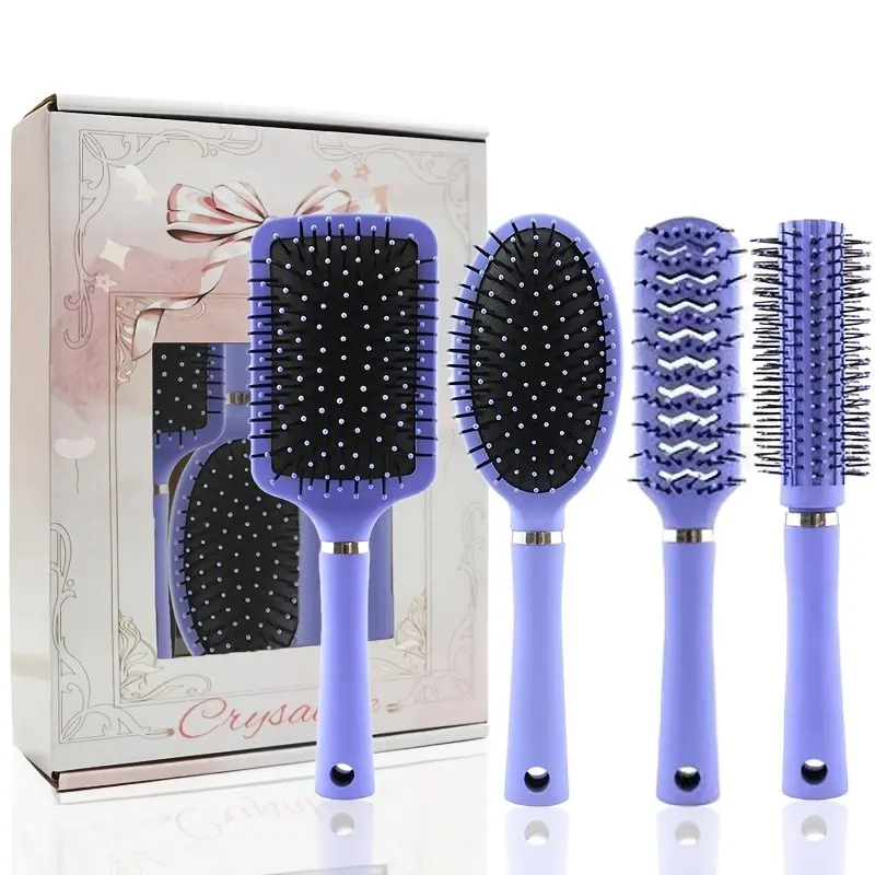 Cushion Massage Comb Set, Curling Oval Hairdressing Comb, Large Back Head Inner Curled Puffy Styling Comb, Negative Ion Comb Four-Piece Kit