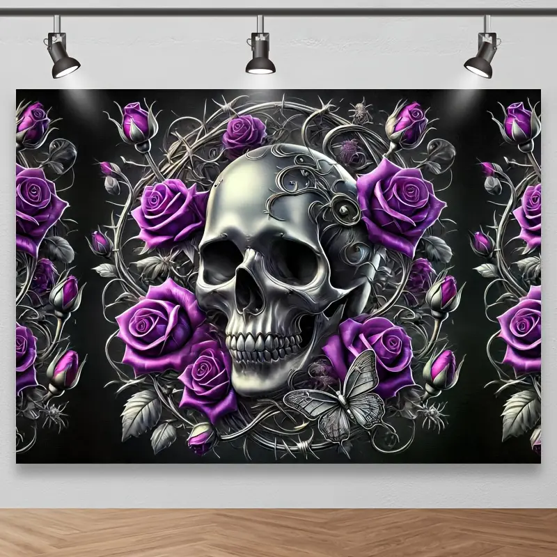 Glam White Gothic Skull Flower Prints Polyester Fiber Photo Backdrop - Durable Soft Synthetic Fabric Banner, Indoor Photography Background, Dark Parties Decor (Textiles & Soft Furnishings)