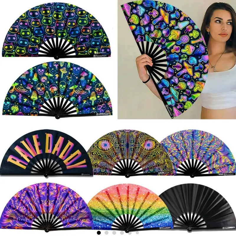 Rave Glow UV Folding Clack Fan - 34cm Closed, 65cm Open, Durable Shiny Satin Fabric, Handmade, Portable, Ideal for Rave Festivals, Parties & Weddings - Wall, Light Gift Accessory Bamboo Decor Magic Mushroom
