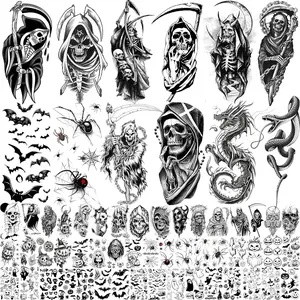 61 Sheets Halloween Temporary Tattoos for Men Women Adults, 12 Sheets Skeleton Death Skull Demon Devil Half Arm Sleeve Fake Tattoo Stickers, 49 Sheets Spider Web Bat Snake Vampire Scar Face Tattoos cohesive tattoos