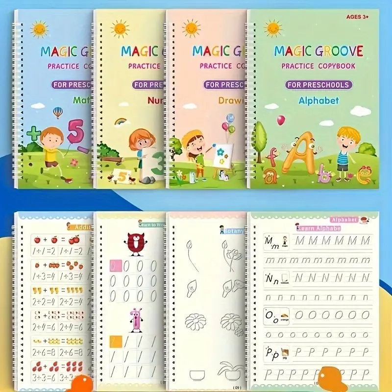 4 Books+1 Pen+5 Pen Refills+1 Pen Grip, Children's Hard Pen Groove Calligraphy Practice Calligraphy Magic Calligraphy Practice Book. Writing Fun
