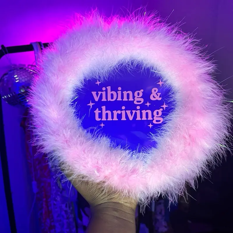 Pink Fluffy Wall Mirror Y2K Aesthetic Room Decor Boho Funky Vanity Mirror Gift for Her Dopamine Decor Cute Mirror Vibing & Thriving