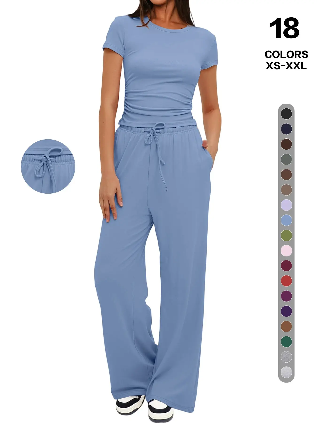 Women's Simple Basic Solid Two-Piece Set, Womenswear, Clothes, Slim Fit Round Neck Sleeve T-Shirt + Matching Drawstring Wide Leg Pants, Casual Home Wear, Travel Friendly