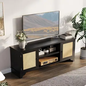 Boho TV Stand for 70 Inch TVs Media Console with 2 Door Cabinets and Open Shelves Rattan Entertainment Center for Living Room Black