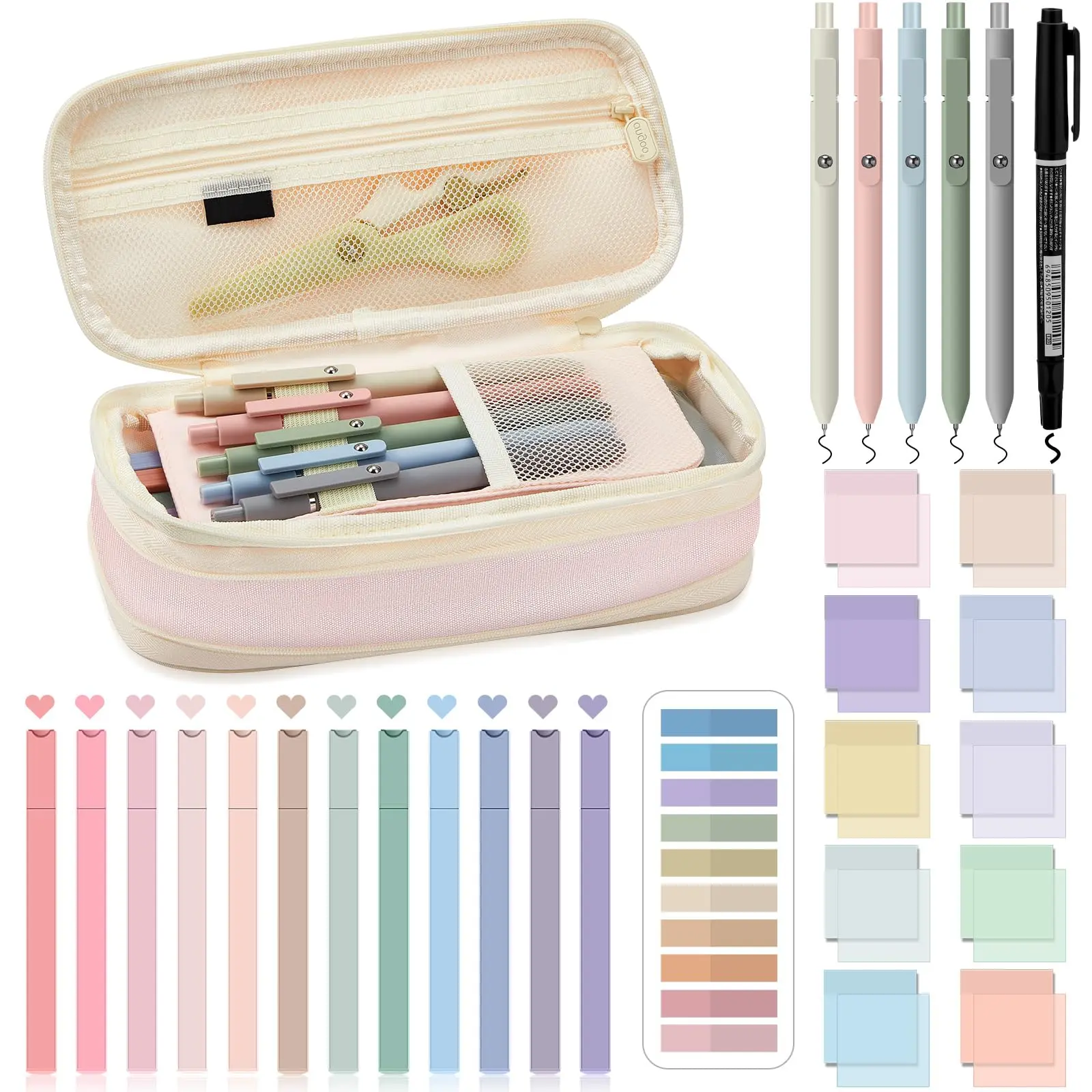 School Supplies 39Pcs Back to School Stationery Gift with Pencil Case Black Gel Pens Highlighters Marker Clear Sticky Notes Index Tab for Aesthetic Book Annotation, Bible Study Supplies, Gift for Student Teacher, Classroom Supplies