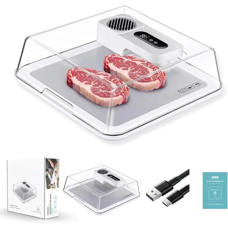 Timable Defrosting Tray for Frozen Meat, BBQ Defrost Tray for Frozen Meat | USB Rechargeable Meat Defrosting Box with Lid, Aluminum USB Defrost Tray, Non-Stick BBQ Defrost Box, Easy to clean