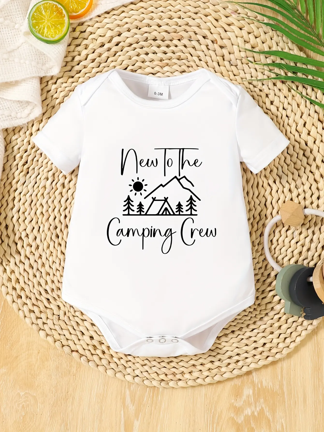 Unisex White Baby Short Sleeve Bodysuit, New To The Camping Crew Mountain Tent Tree Sun Outdoor Nature Cotton Onesie