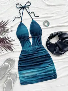 Swim Vcay Womens Tie-Dye Abstract Print Mini Dress – Deep V Neck Backless Sexy Summer Party Dress