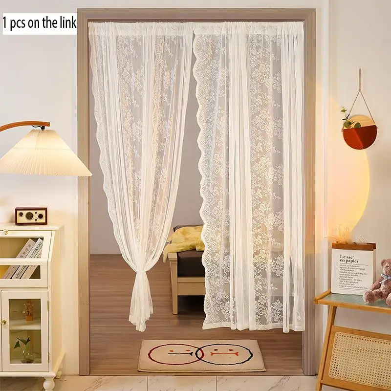 Floral Pattern Lace Curtain, 1 Count Punch Free Velcro Installation Hollow Out Curtain For Kitchen Cafe Bedroom Living Room