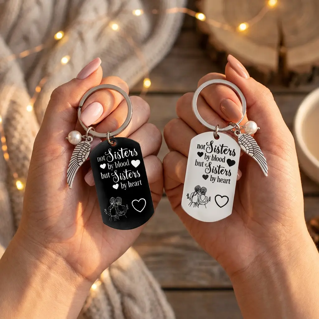 Not Sisters by Blood but Sisters by Heart BFF Keychain Set, Black Silver Engraved Dog Tag with Angel Wing Pearl Charms, Soul Sister Bestie Bridesmaid Gift for Women, Gift Box Included