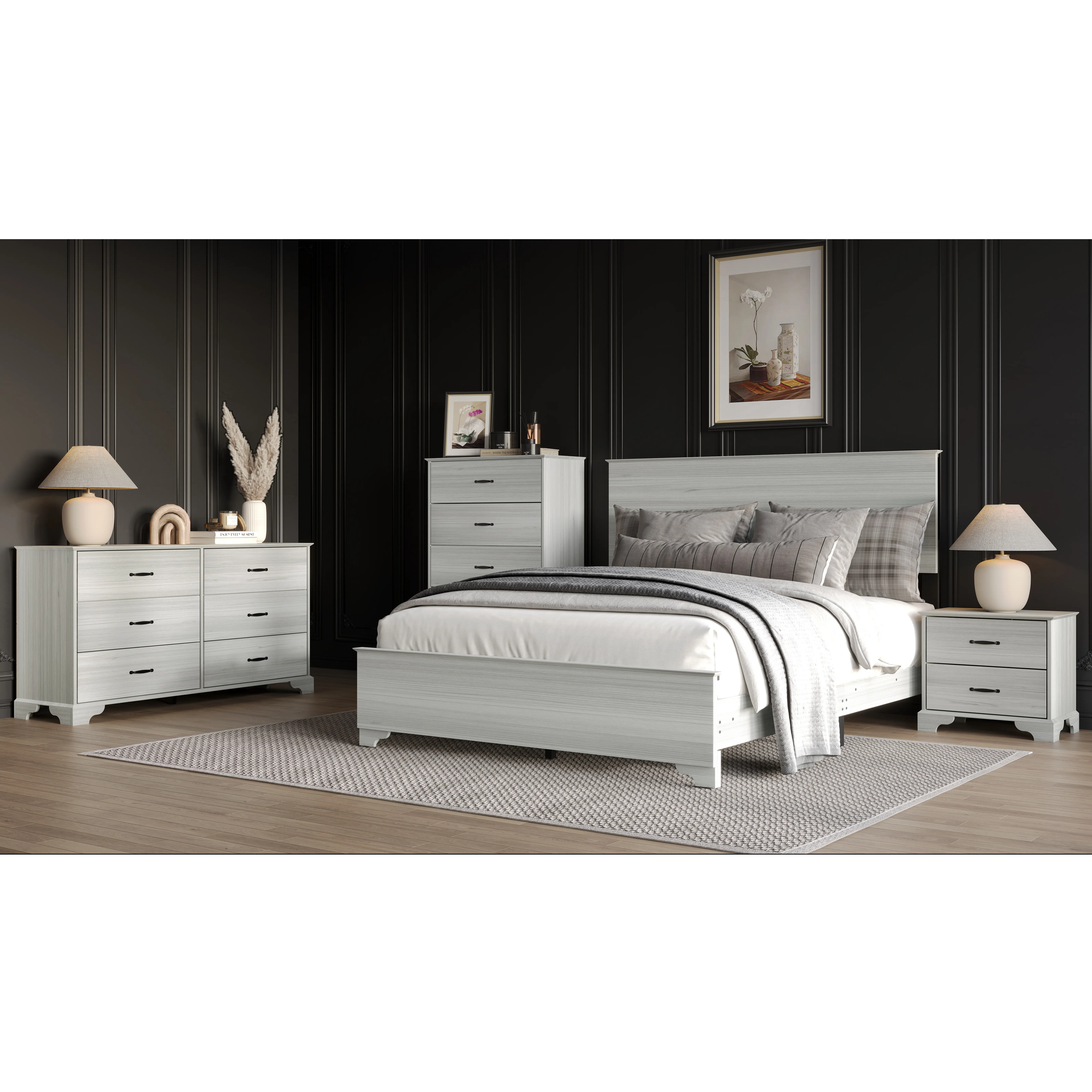 Favorer Harley 4-Piece Modern Light Gray Wood Matching Bedroom Furniture Set - Bed Frame, Dresser with Drawers, Chest, Nightstand, Indoor Storage Solution, Matching Bedroom Sets