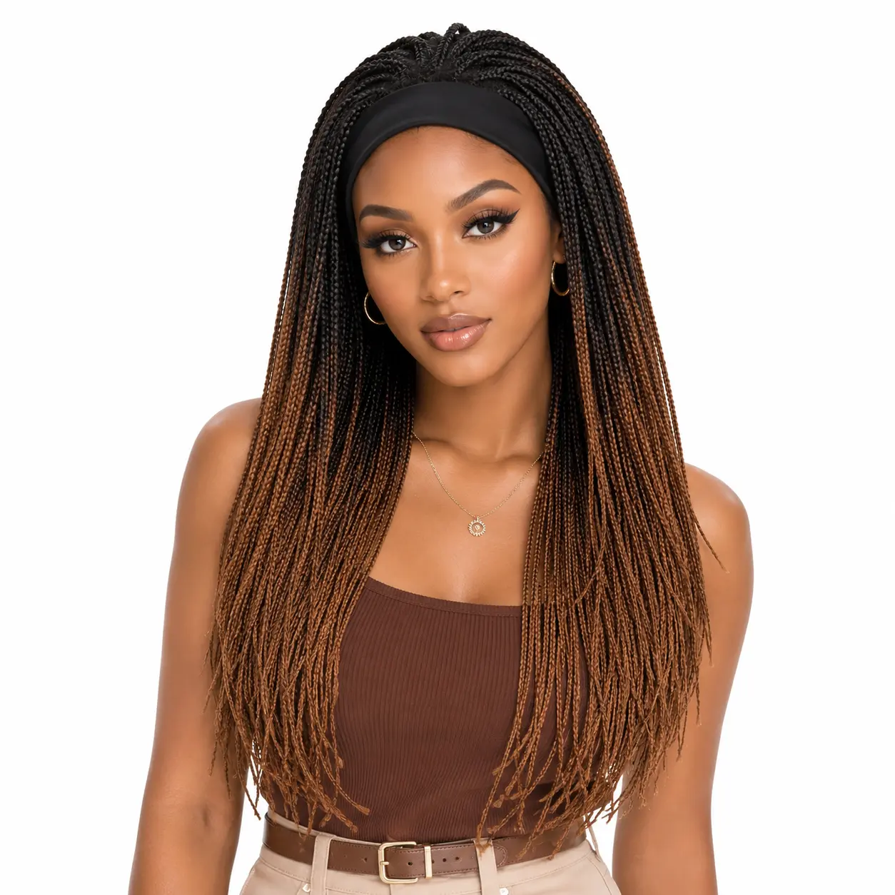 Women's 20-in Glueless Cornrow Braided Hair Wig, Ombre Brown Straight Convenient Wig, Heat-Resistant Synthetic Hair with Rose Net Cap for Daily Use Braids, Everyday Wear
