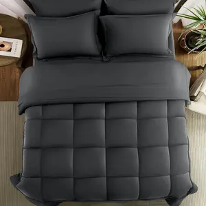 Queen Size Comforter Set -7 Pieces All Season Bed in a Bag - Ultra Soft Down Alternative Bedding Sets with Comforter, Flat Sheet, Fitted Sheet, 2 Pillowcases & 2 Pillow Shams (Dark Gray)