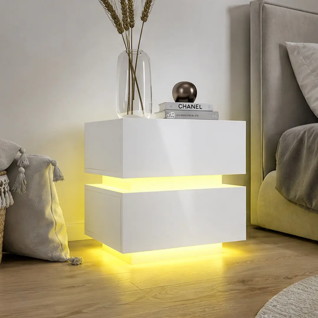 ARCH White High Gloss 2-Drawer Bedside Table - Shiny, Sleek, Assembled/Flat-Pack Nightstand with RGB LED Lights, Bluetooth Control, Melamine Storage, 15.7x17.7x19.7in, for Bedroom & Living Room, Assembled Bedside Tables, Flat-Pack Bedside Tables