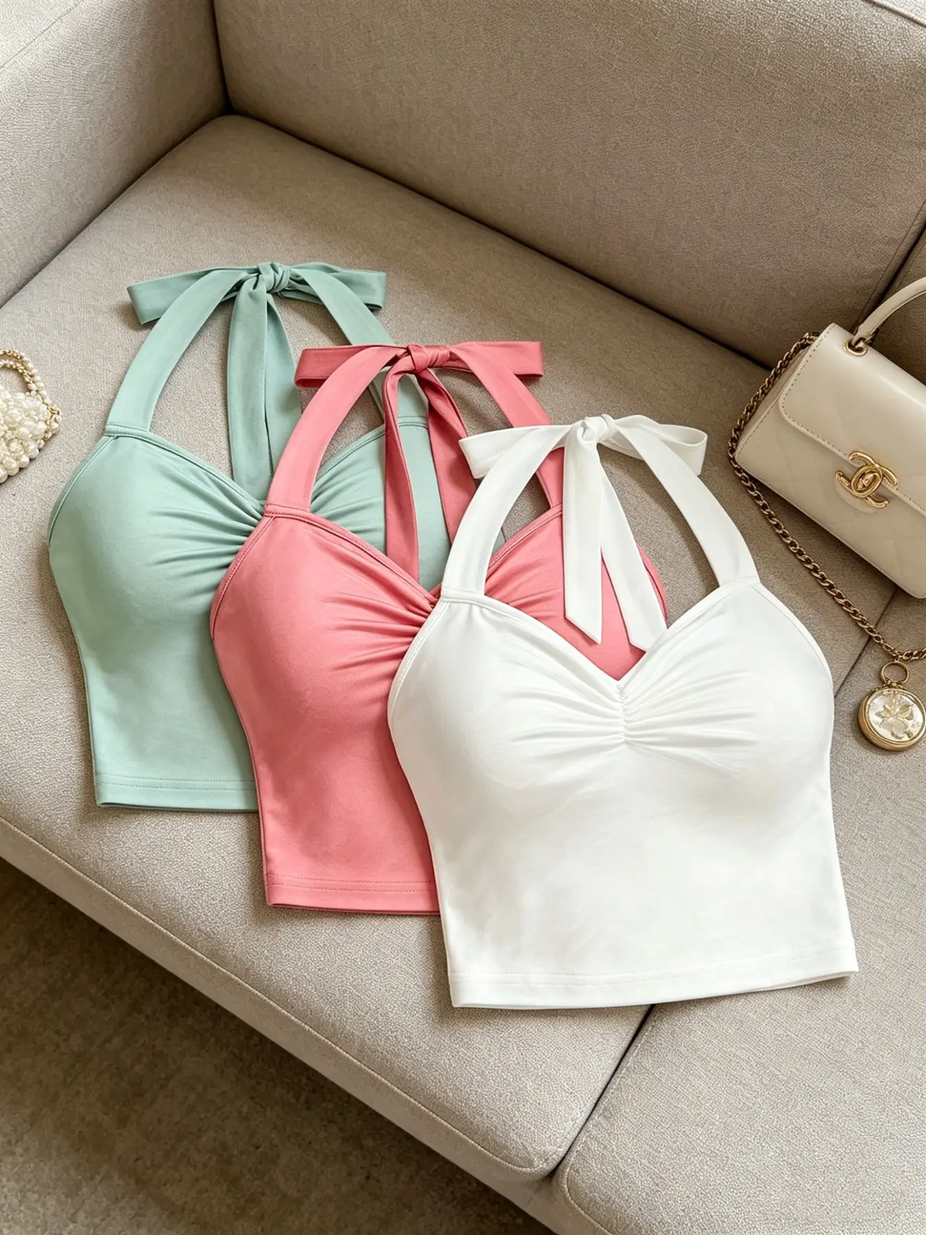 Women's Strapless Sleeveless Tube Top Set, Fitted Basic Plain Design, V-Neck Waist-Cropped Style, Fashion Tank Top, Includes Padded Bralette & Matching Pieces, Underwear
